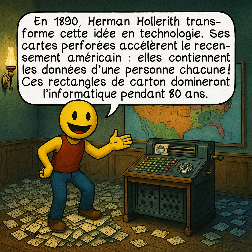 Les supports de stockage, case 3 : En 1890, Herman Hollerith transforme cette idée en technologie. Ses cartes perforées accélèrent le recensement américain : elles contiennent les données d’une personne chacune ! Ces rectangles de carton domineront l’informatique pendant 80 ans.