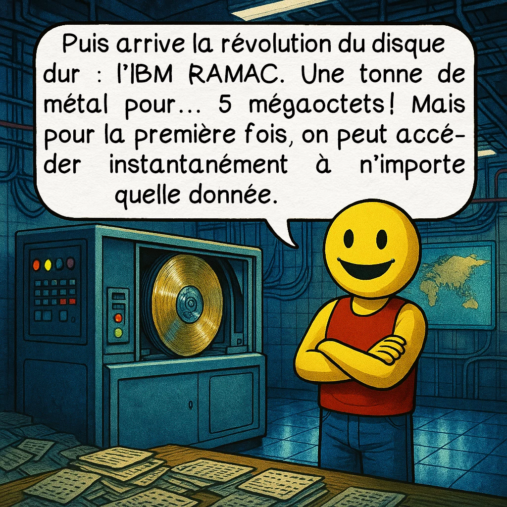 Les supports de stockage, case 4 : Puis arrive la révolution du disque dur : l’IBM RAMAC. Une tonne de métal pour… 5 mégaoctets ! Mais pour la première fois, on peut accéder instantanément à n’importe quelle donnée.