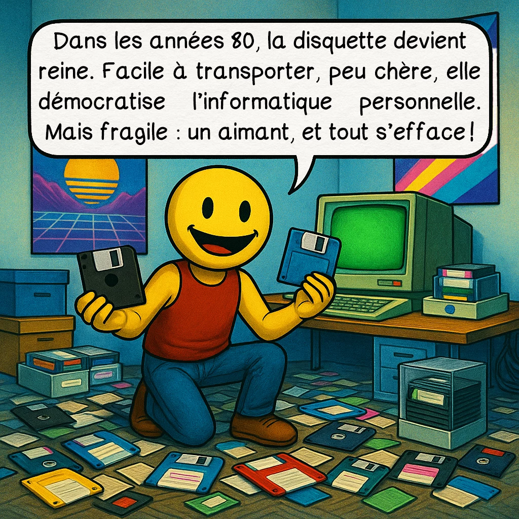 Les supports de stockage, case 5 : Dans les années 80, la disquette devient reine.Facile à transporter, peu chère, elle démocratise l’informatique personnelle. Mais fragile : un aimant, et tout s’efface !