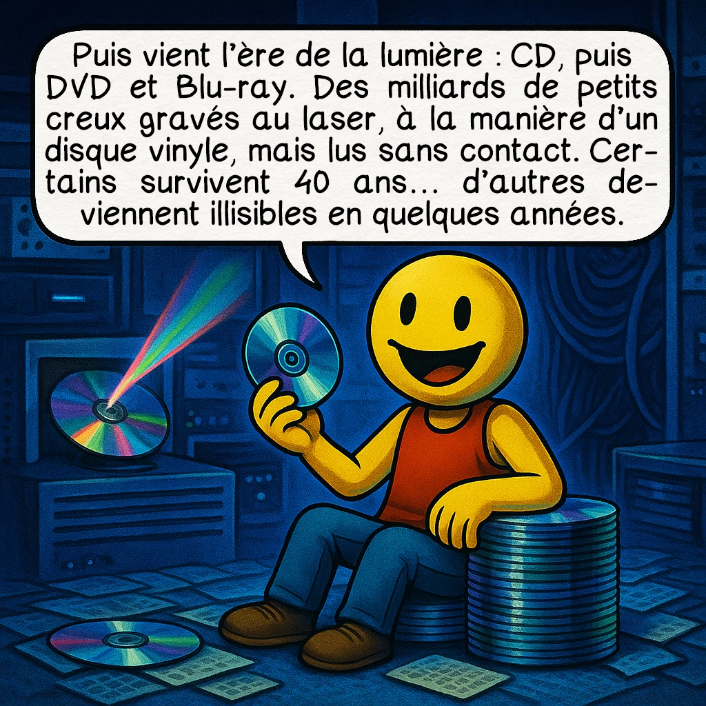 Les supports de stockage, case 6 : Puis vient l’ère de la lumière : CD, puis DVD et Blu-ray. Des milliards de petits creux gravés au laser, à la manière d’un disque vinyle, mais lus sans contact. Certains survivent 40 ans… d’autres deviennent illisibles en quelques années.