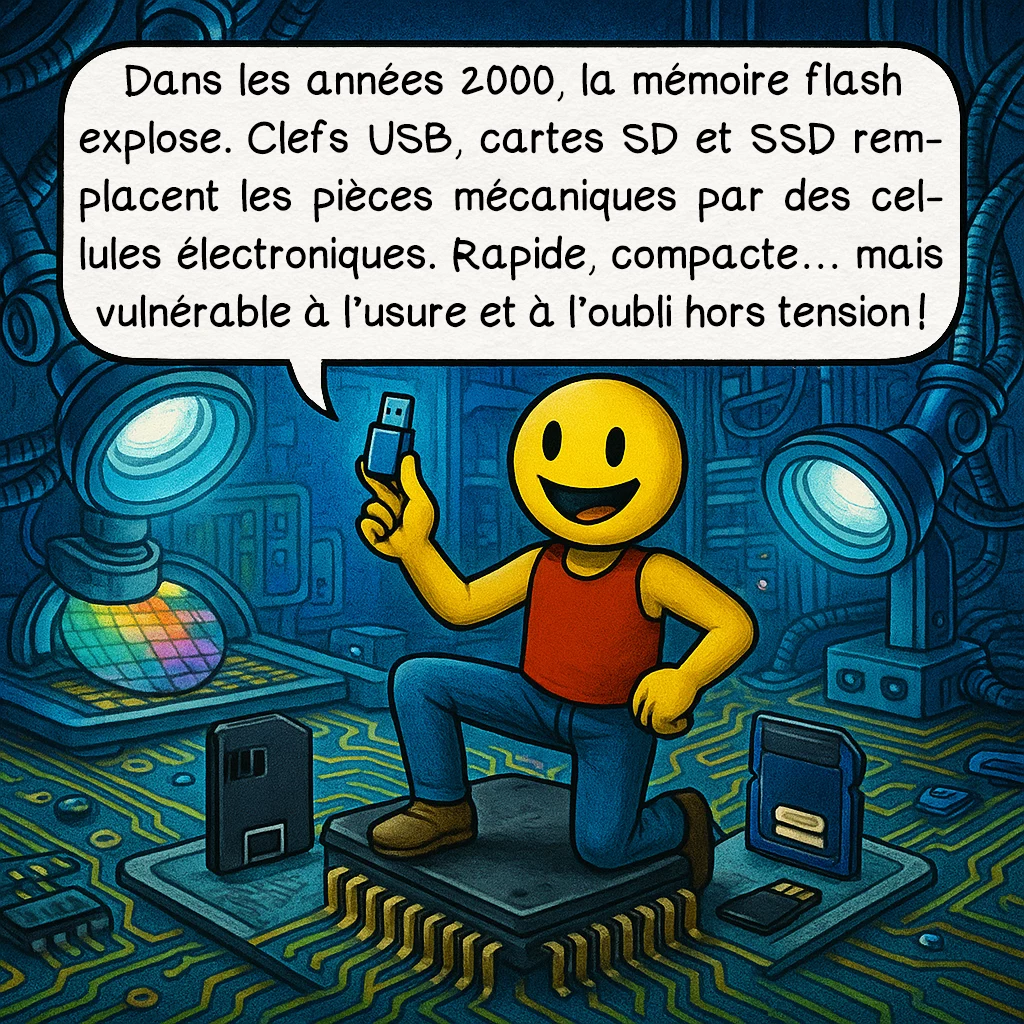 Les supports de stockage, case 7 : Dans les années 2000, la mémoire flash explose.Clefs USB, cartes SD et SSD remplacent les pièces mécaniques par des cellules électroniques. Rapide, compacte… mais vulnérable à l’usure et à l’oubli hors tension !