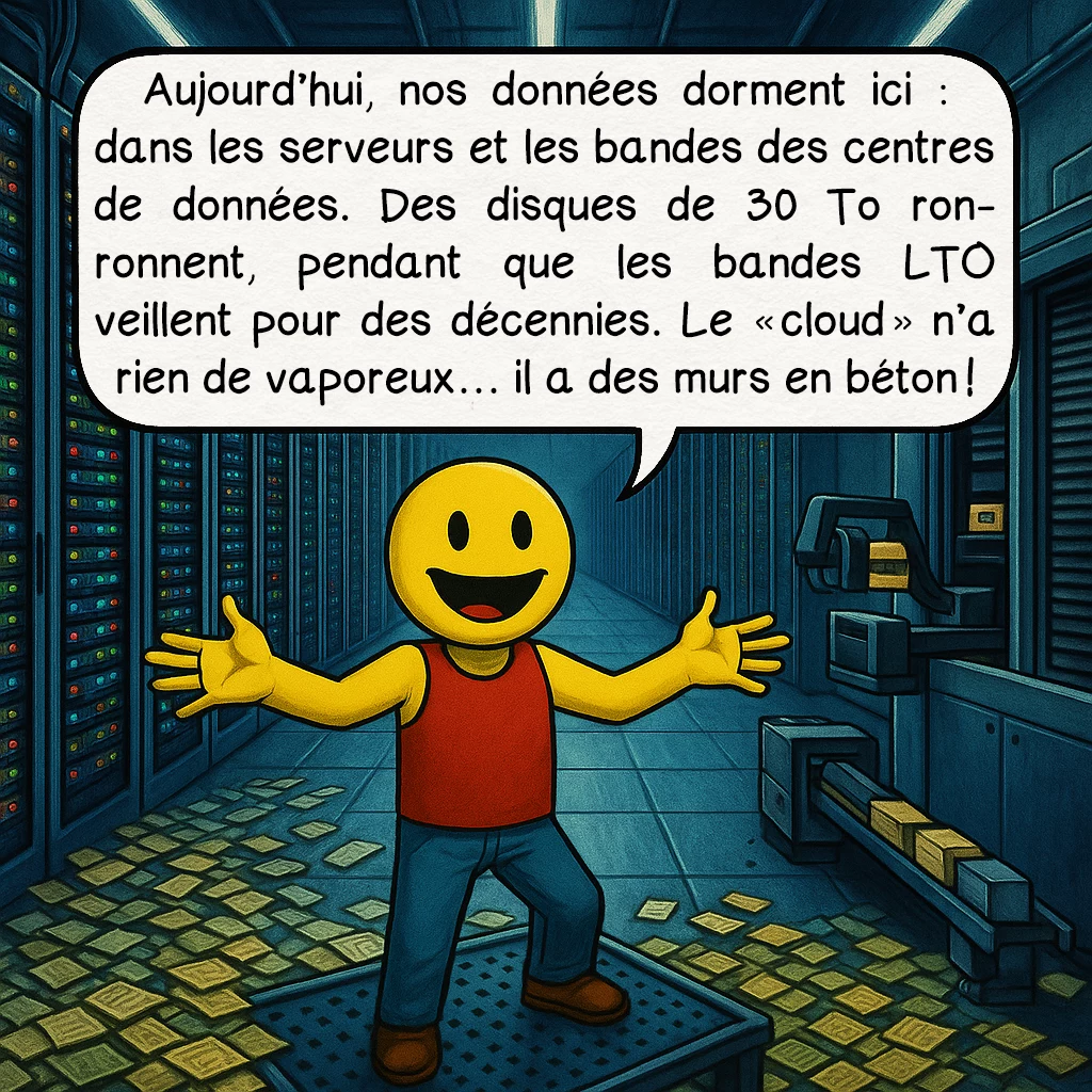 Les supports de stockage, case 8 : Aujourd’hui, nos données dorment ici : dans les serveurs et les bandes des centres de données.Des disques de 30 To ronronnent, pendant que les bandes LTO veillent pour des décennies.Le « cloud » n’a rien de vaporeux… il a des murs en béton !