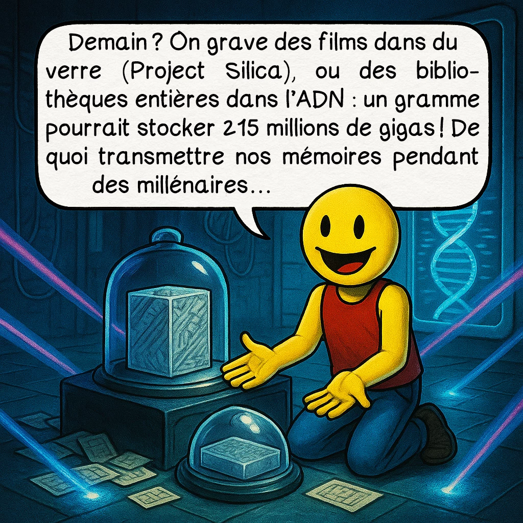 Les supports de stockage, case 9 : Demain ? On grave des films dans du verre (Project Silica), ou des bibliothèques entières dans l’ADN : un gramme pourrait stocker 215 millions de gigas ! De quoi transmettre nos mémoires pendant des millénaires…
