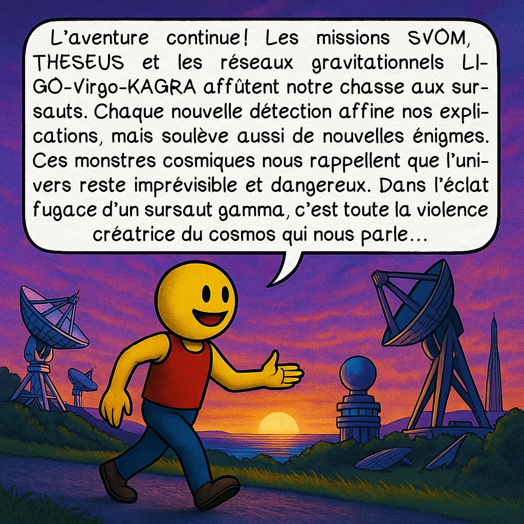 Les sursauts gamma, case 10 : L’aventure continue ! Les missions SVOM, THESEUS et les réseaux gravitationnels LIGO-Virgo-KAGRA affûtent notre chasse aux sursauts. Chaque nouvelle détection affine nos explications, mais soulève aussi de nouvelles énigmes. Ces monstres cosmiques nous rappellent que l’univers reste imprévisible et dangereux. Dans l’éclat fugace d’un sursaut gamma, c’est toute la violence créatrice du cosmos qui nous parle…