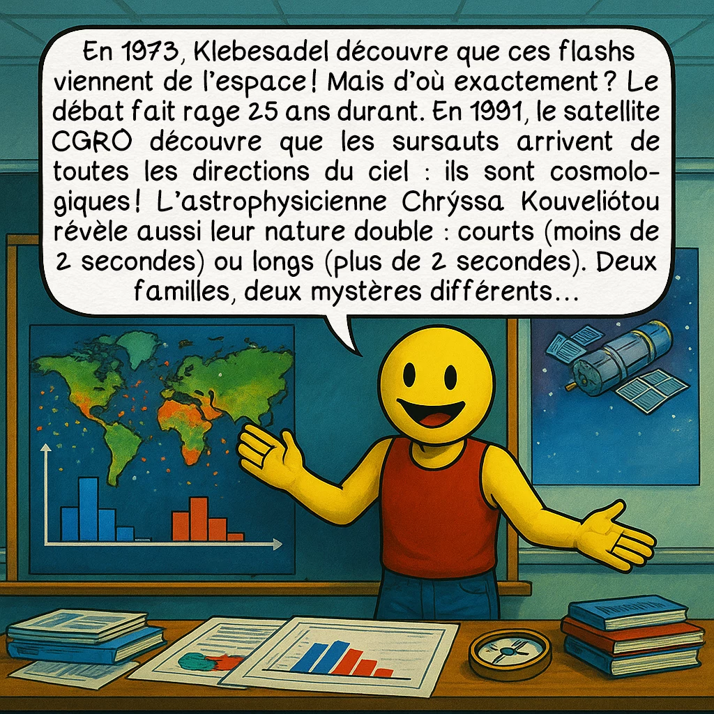 Les sursauts gamma, case 3 : En 1973, Klebesadel découvre que ces flashs viennent de l’espace ! Mais d’où exactement ? Le débat fait rage 25 ans durant. En 1991, le satellite CGRO découvre que les sursauts arrivent de toutes les directions du ciel : ils sont cosmologiques ! L’astrophysicienne Chrýssa Kouveliótou révèle aussi leur nature double : courts (moins de 2 secondes) ou longs (plus de 2 secondes). Deux familles, deux mystères différents…
