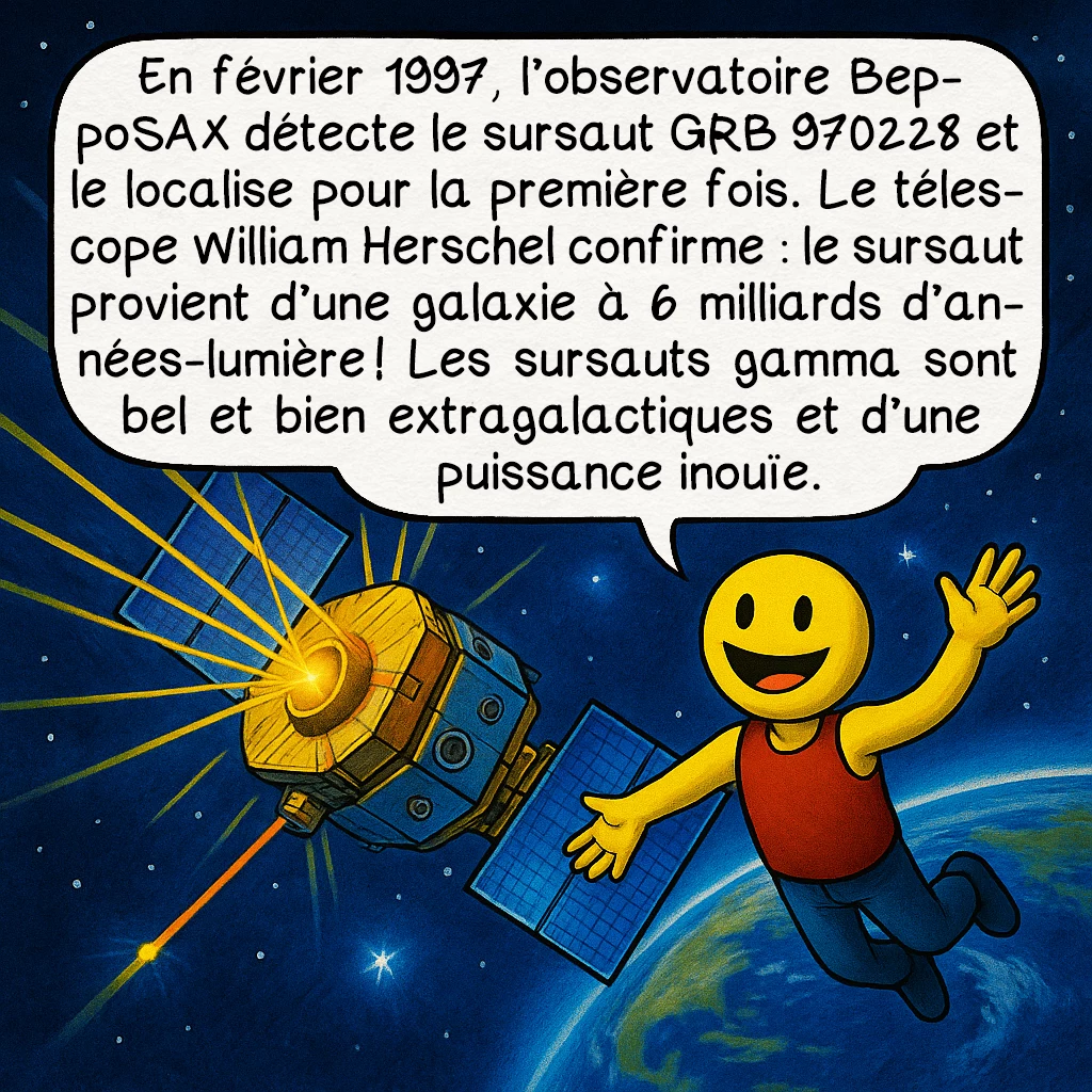 Les sursauts gamma, case 4 : En février 1997, l’observatoire BeppoSAX détecte le sursaut GRB 970228 et le localise pour la première fois. Le télescope William Herschel confirme : le sursaut provient d’une galaxie à 6 milliards d’années-lumière ! Les sursauts gamma sont bel et bien extragalactiques et d’une puissance inouïe.
