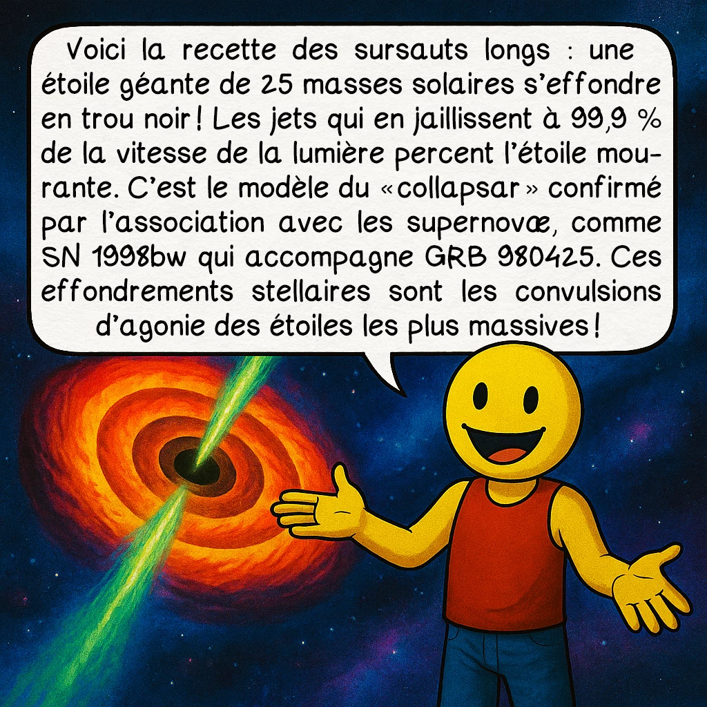 Les sursauts gamma, case 5 : Voici la recette des sursauts longs : une étoile géante de 25 masses solaires s’effondre en trou noir ! Les jets qui en jaillissent à 99,9 % de la vitesse de la lumière percent l’étoile mourante. C’est le modèle du « collapsar » confirmé par l’association avec les supernovæ, comme SN 1998bw qui accompagne GRB 980425. Ces effondrements stellaires sont les convulsions d’agonie des étoiles les plus massives !