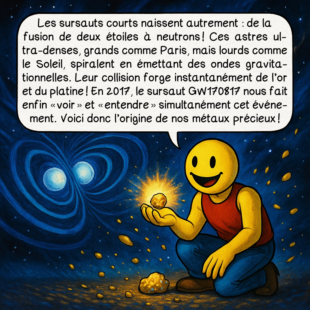 Les sursauts gamma, case 6 : Les sursauts courts naissent autrement : de la fusion de deux étoiles à neutrons ! Ces astres ultra-denses, grands comme Paris, mais lourds comme le Soleil, spiralent en émettant des ondes gravitationnelles. Leur collision forge instantanément de l’or et du platine ! En 2017, le sursaut GW170817 nous fait enfin « voir » et « entendre » simultanément cet événement. Voici donc l’origine de nos métaux précieux !