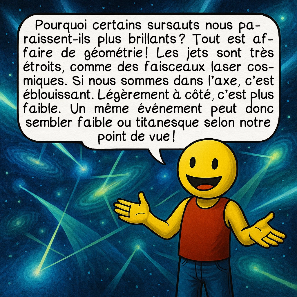 Les sursauts gamma, case 7 : Pourquoi certains sursauts nous paraissent-ils plus brillants ? Tout est affaire de géométrie ! Les jets sont très étroits, comme des faisceaux laser cosmiques. Si nous sommes dans l’axe, c’est éblouissant. Légèrement à côté, c’est plus faible. Un même événement peut donc sembler faible ou titanesque selon notre point de vue !