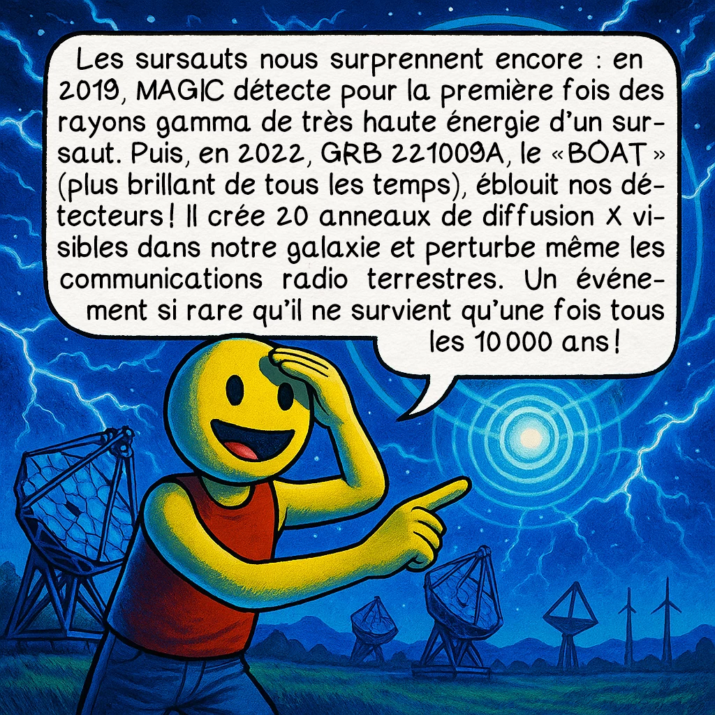 Les sursauts gamma, case 8 : Les sursauts nous surprennent encore : en 2019, MAGIC détecte pour la première fois des rayons gamma de très haute énergie d’un sursaut. Puis, en 2022, GRB 221009A, le « BOAT » (plus brillant de tous les temps), éblouit nos détecteurs ! Il crée 20 anneaux de diffusion X visibles dans notre galaxie et perturbe même les communications radio terrestres. Un événement si rare qu’il ne survient qu’une fois tous les 10 000 ans !