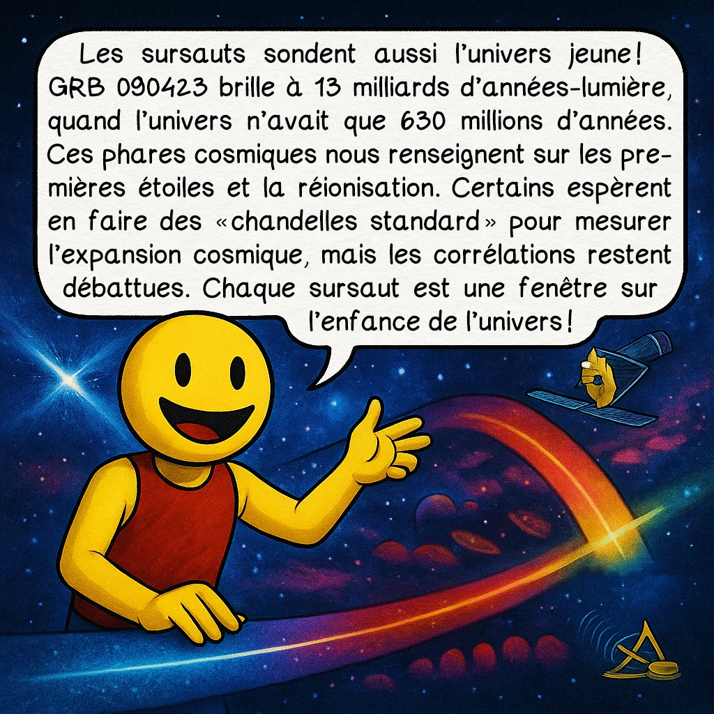 Les sursauts gamma, case 9 : Les sursauts sondent aussi l’univers jeune ! GRB 090423 brille à 13 milliards d’années-lumière, quand l’univers n’avait que 630 millions d’années. Ces phares cosmiques nous renseignent sur les premières étoiles et la réionisation. Certains espèrent en faire des « chandelles standard » pour mesurer l’expansion cosmique, mais les corrélations restent débattues. Chaque sursaut est une fenêtre sur l’enfance de l’univers !