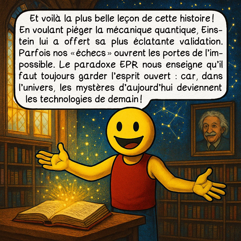 Le paradoxe EPR, case 10 : Et voilà la plus belle leçon de cette histoire ! En voulant piéger la mécanique quantique, Einstein lui a offert sa plus éclatante validation. Parfois nos ‹ échecs › ouvrent les portes de l’impossible. Le paradoxe EPR nous enseigne qu’il faut toujours garder l’esprit ouvert : car, dans l’univers, les mystères d’aujourd’hui deviennent les technologies de demain !