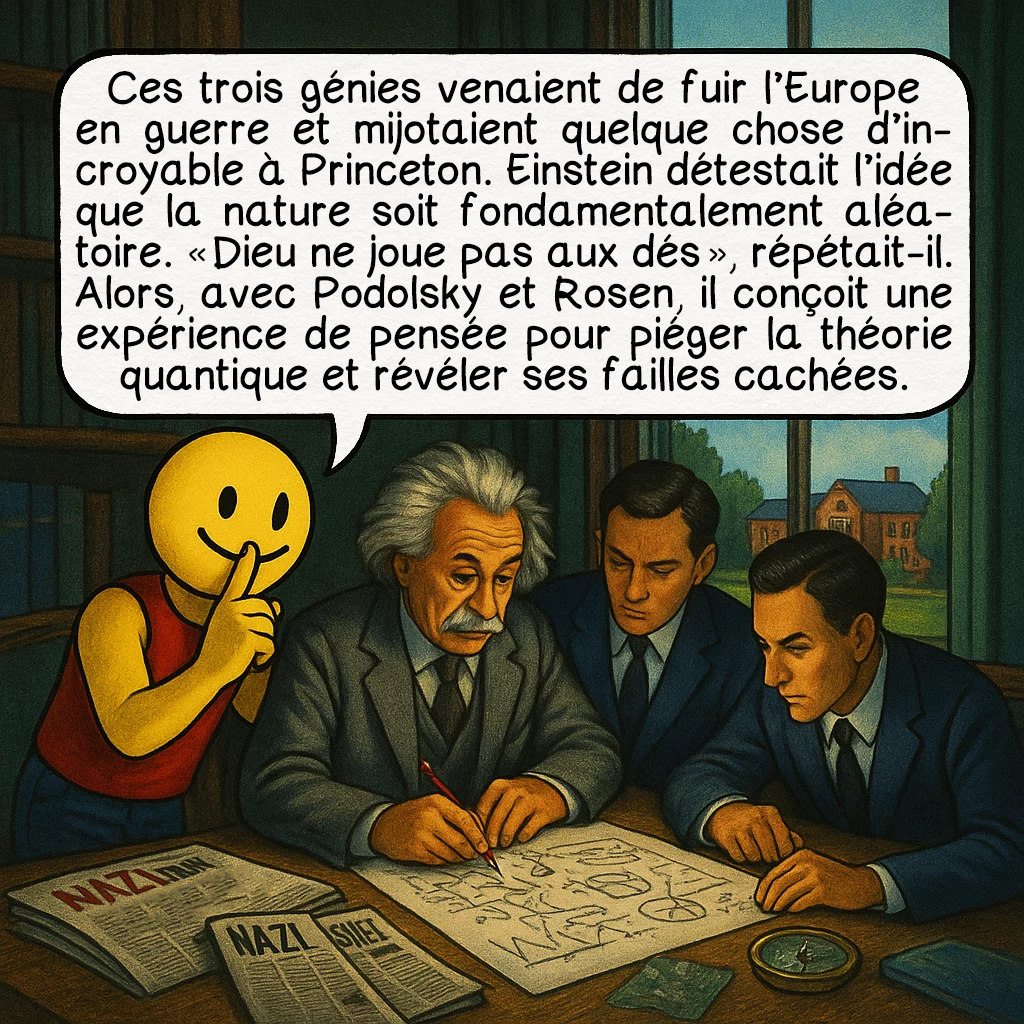 Le paradoxe EPR, case 2 : Ces trois génies venaient de fuir l’Europe en guerre et mijotaient quelque chose d’incroyable à Princeton. Einstein détestait l’idée que la nature soit fondamentalement aléatoire. « Dieu ne joue pas aux dés », répétait-il. Alors, avec Podolsky et Rosen, il conçoit une expérience de pensée pour piéger la théorie quantique et révéler ses failles cachées.