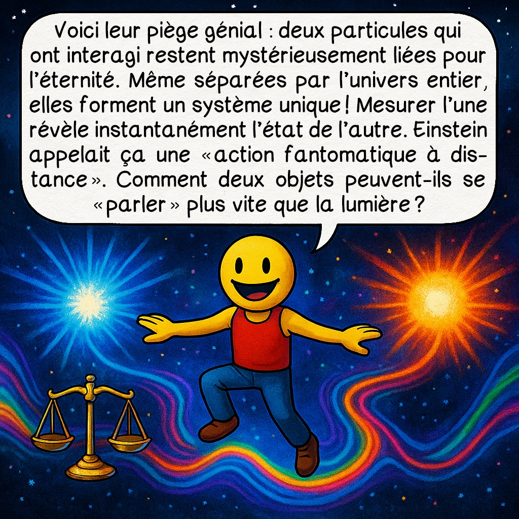 Le paradoxe EPR, case 3 : Voici leur piège génial : deux particules qui ont interagi restent mystérieusement liées pour l’éternité. Même séparées par l’univers entier, elles forment un système unique ! Mesurer l’une révèle instantanément l’état de l’autre. Einstein appelait ça une « action fantomatique à distance ». Comment deux objets peuvent-ils se « parler » plus vite que la lumière ?