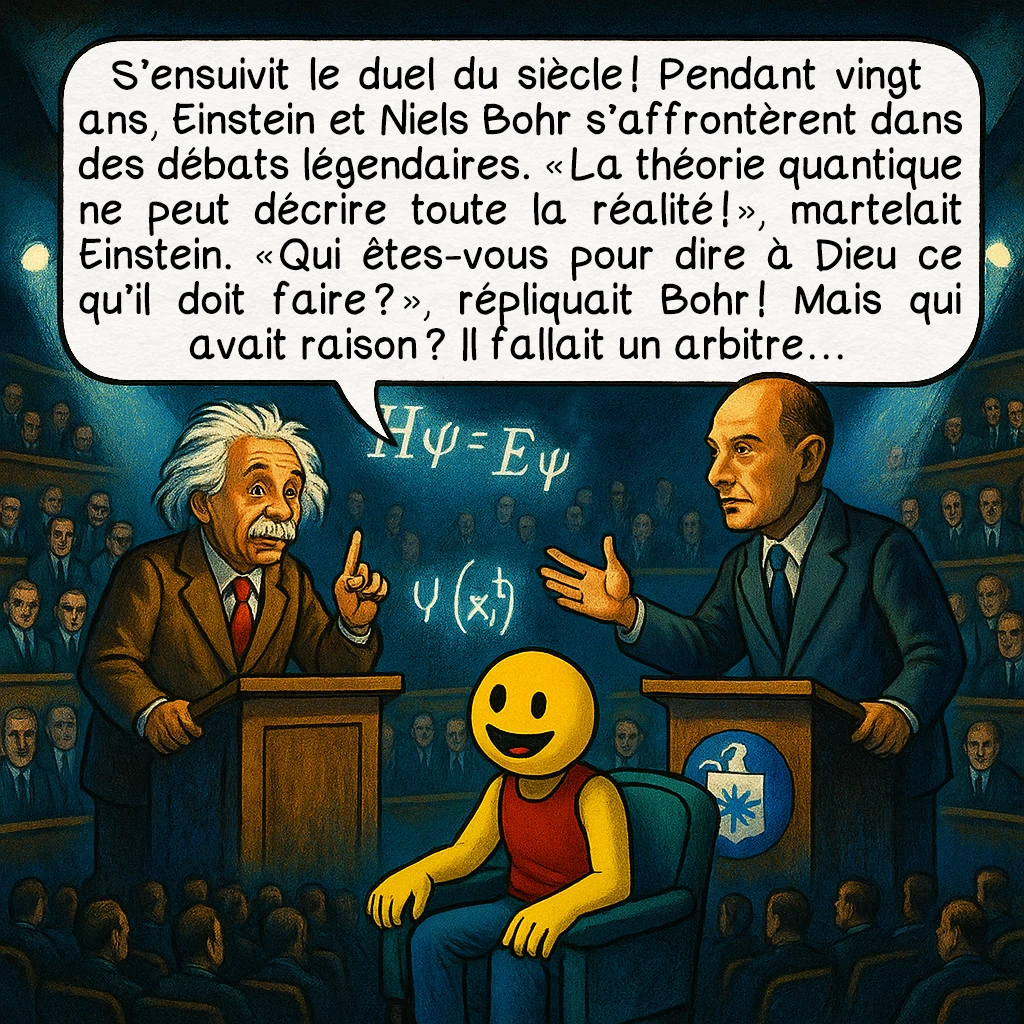 Le paradoxe EPR, case 4 : S’ensuivit le duel du siècle ! Pendant vingt ans, Einstein et Niels Bohr s’affrontèrent dans des débats légendaires. « La théorie quantique ne peut décrire toute la réalité ! », martelait Einstein. « Qui êtes-vous pour dire à Dieu ce qu’il doit faire ? », répliquait Bohr ! Mais qui avait raison ? Il fallait un arbitre…