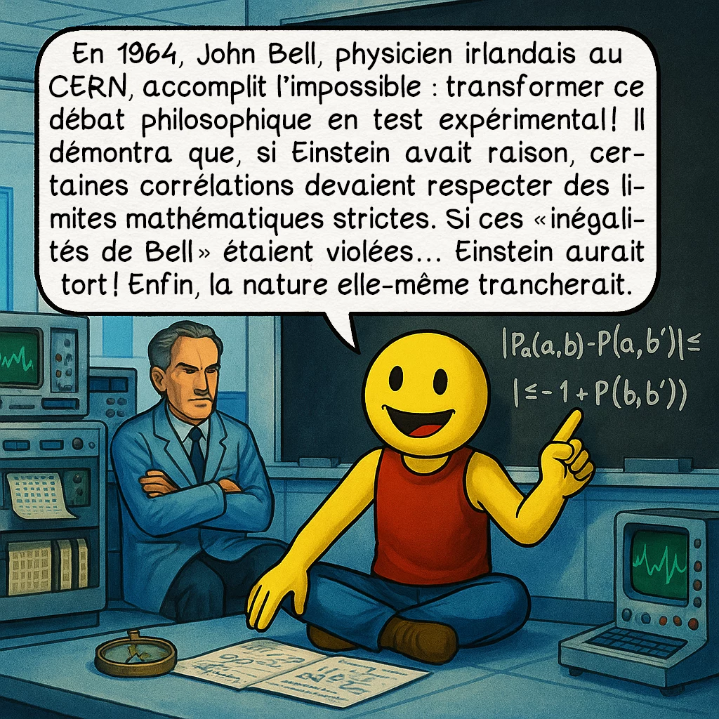 Le paradoxe EPR, case 5 : En 1964, John Bell, physicien irlandais au CERN, accomplit l’impossible : transformer ce débat philosophique en test expérimental ! Il démontra que, si Einstein avait raison, certaines corrélations devaient respecter des limites mathématiques strictes. Si ces « inégalités de Bell » étaient violées… Einstein aurait tort ! Enfin, la nature elle-même trancherait.