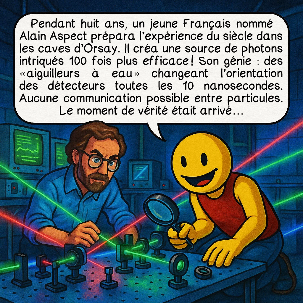 Le paradoxe EPR, case 6 : Pendant huit ans, un jeune Français nommé Alain Aspect prépara l’expérience du siècle dans les caves d’Orsay. Il créa une source de photons intriqués 100 fois plus efficace ! Son génie : des ‹ aiguilleurs à eau › changeant l’orientation des détecteurs toutes les 10 nanosecondes. Aucune communication possible entre particules. Le moment de vérité était arrivé…