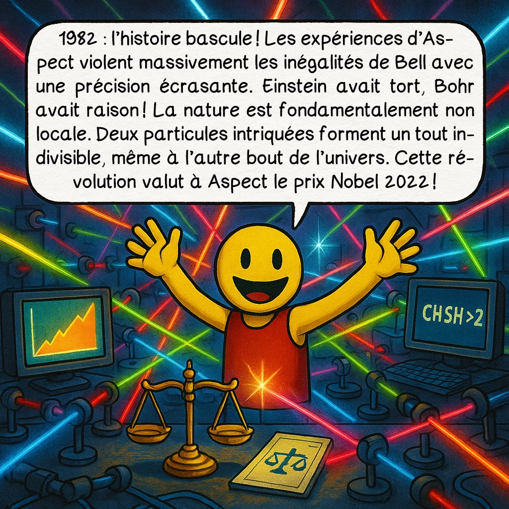 Le paradoxe EPR, case 7 : 1982 : l’histoire bascule ! Les expériences d’Aspect violent massivement les inégalités de Bell avec une précision écrasante. Einstein avait tort, Bohr avait raison ! La nature est fondamentalement non locale. Deux particules intriquées forment un tout indivisible, même à l’autre bout de l’univers. Cette révolution valut à Aspect le prix Nobel 2022 !