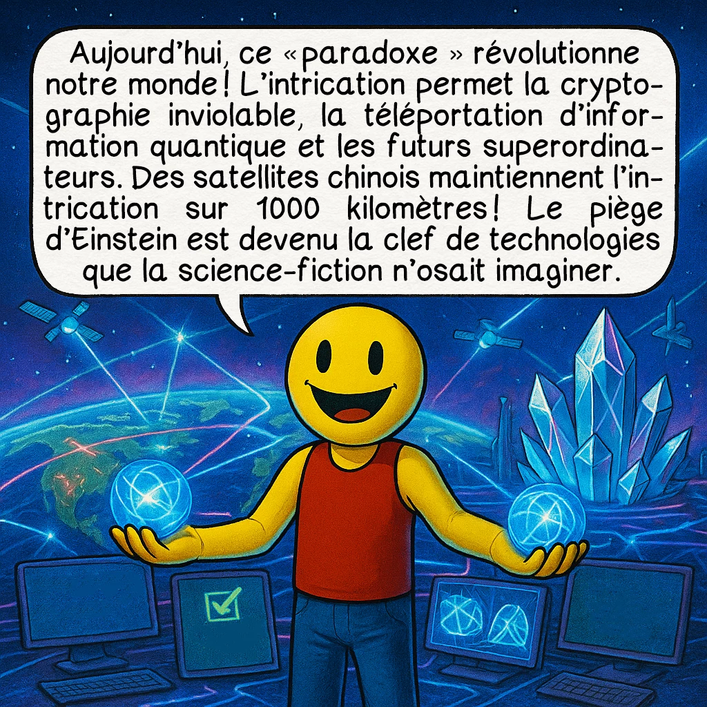 Le paradoxe EPR, case 8 : Aujourd’hui, ce ‹ paradoxe › révolutionne notre monde ! L’intrication permet la cryptographie inviolable, la téléportation d’information quantique et les futurs superordinateurs. Des satellites chinois maintiennent l’intrication sur 1000 kilomètres ! Le piège d’Einstein est devenu la clef de technologies que la science-fiction n’osait imaginer.