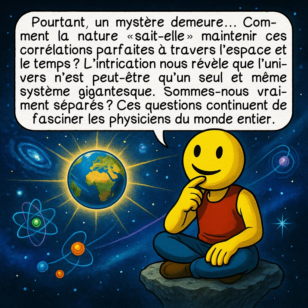 Le paradoxe EPR, case 9 : Pourtant, un mystère demeure… Comment la nature ‹ sait-elle › maintenir ces corrélations parfaites à travers l’espace et le temps ? L’intrication nous révèle que l’univers n’est peut-être qu’un seul et même système gigantesque. Sommes-nous vraiment séparés ? Ces questions continuent de fasciner les physiciens du monde entier.