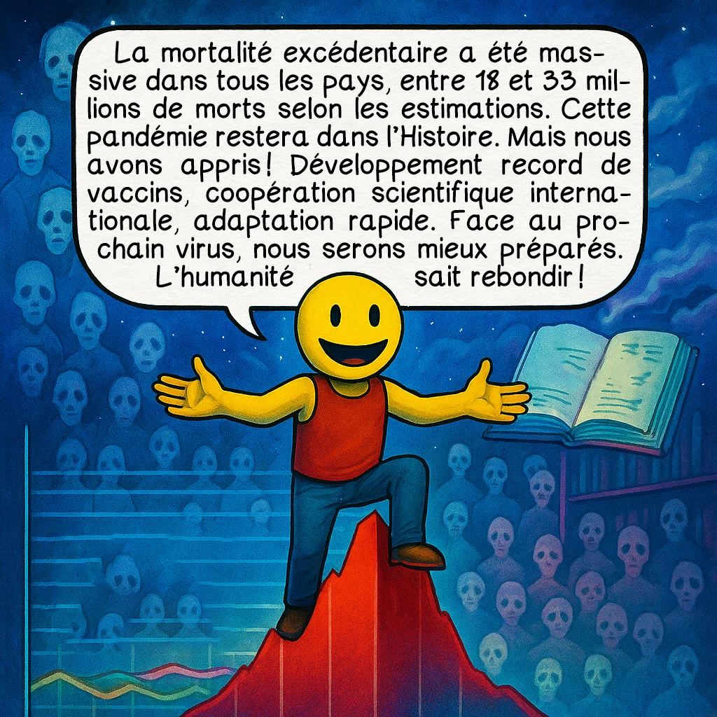 Le Covid-19, case 10 : — Conclusion
La mortalité excédentaire a été massive dans tous les pays, entre 18 et 33 millions de morts selon les estimations. Cette pandémie restera dans l’Histoire. Mais nous avons appris ! Développement record de vaccins, coopération scientifique internationale, adaptation rapide. Face au prochain virus, nous serons mieux préparés. L’humanité sait rebondir !