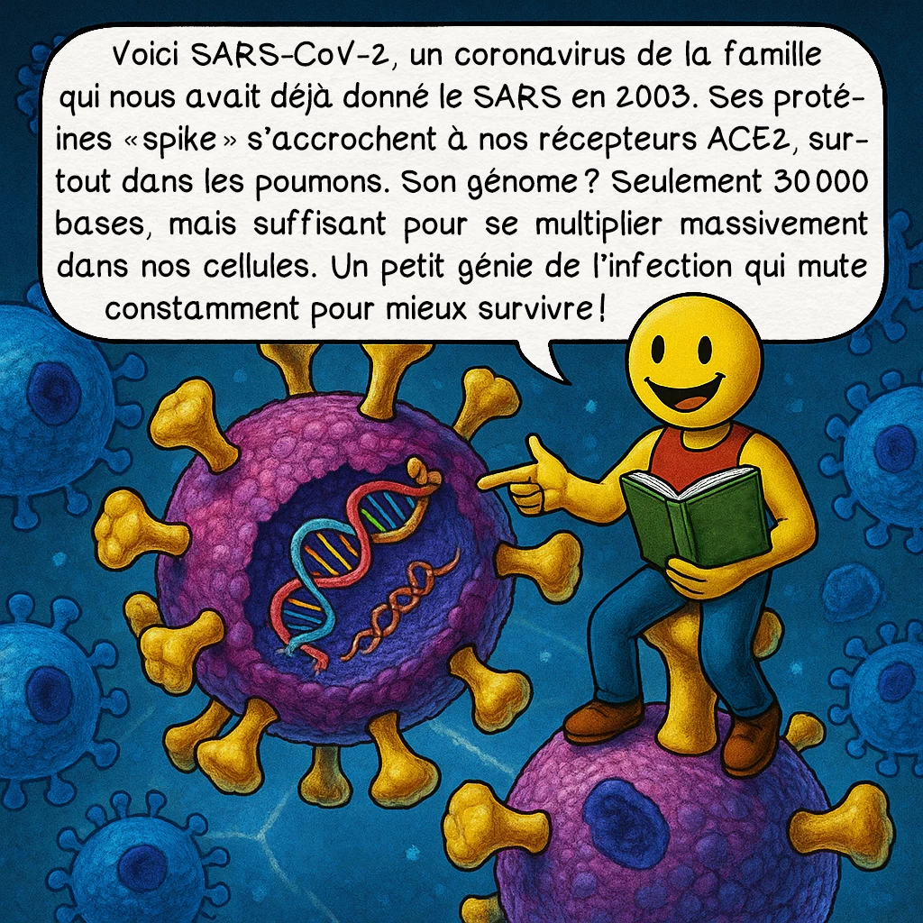 Le Covid-19, case 2 : — C’est quoi, le COVID ?
Voici SARS-CoV-2, un coronavirus de la famille qui nous avait déjà donné le SARS en 2003. Ses protéines « spike » s’accrochent à nos récepteurs ACE2, surtout dans les poumons. Son génome ? Seulement 30 000 bases, mais suffisant pour se multiplier massivement dans nos cellules. Un petit génie de l’infection qui mute constamment pour mieux survivre !
