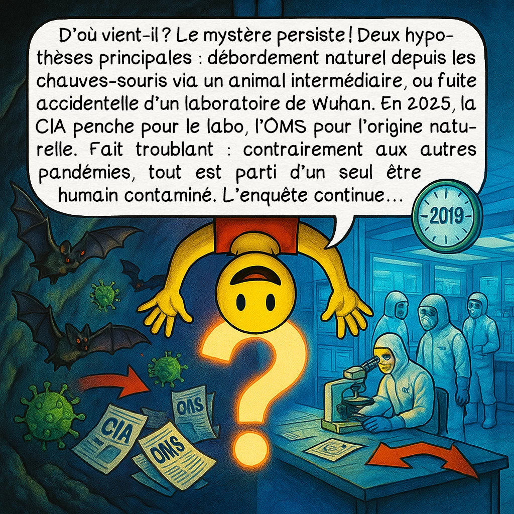 Le Covid-19, case 3 : — D’où il vient ?
D’où vient-il ? Le mystère persiste ! Deux hypothèses principales : débordement naturel depuis les chauves-souris via un animal intermédiaire, ou fuite accidentelle d’un laboratoire de Wuhan. En 2025, la CIA penche pour le labo, l’OMS pour l’origine naturelle. Fait troublant : contrairement aux autres pandémies, tout est parti d’un seul être humain contaminé. L’enquête continue…