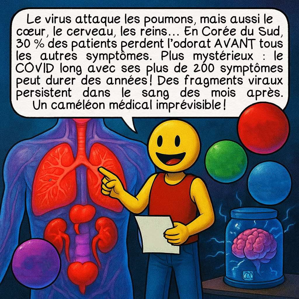 Le Covid-19, case 4 : — Quels symptômes ?
Le virus attaque les poumons, mais aussi le cœur, le cerveau, les reins… En Corée du Sud, 30 % des patients perdent l’odorat AVANT tous les autres symptômes. Plus mystérieux : le COVID long avec ses plus de 200 symptômes peut durer des années ! Des fragments viraux persistent dans le sang des mois après. Un caméléon médical imprévisible !