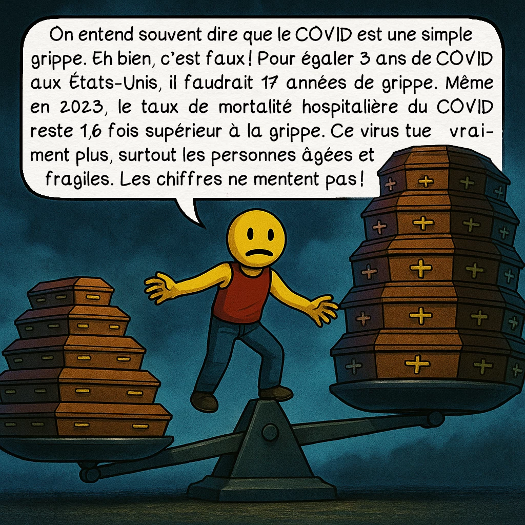 Le Covid-19, case 5 : — C’est dangereux ? Comparaison grippe
On entend souvent dire que le COVID est une simple grippe. Eh bien, c’est faux ! Pour égaler 3 ans de COVID aux États-Unis, il faudrait 17 années de grippe. Même en 2023, le taux de mortalité hospitalière du COVID reste 1,6 fois supérieur à la grippe. Ce virus tue vraiment plus, surtout les personnes âgées et fragiles. Les chiffres ne mentent pas !