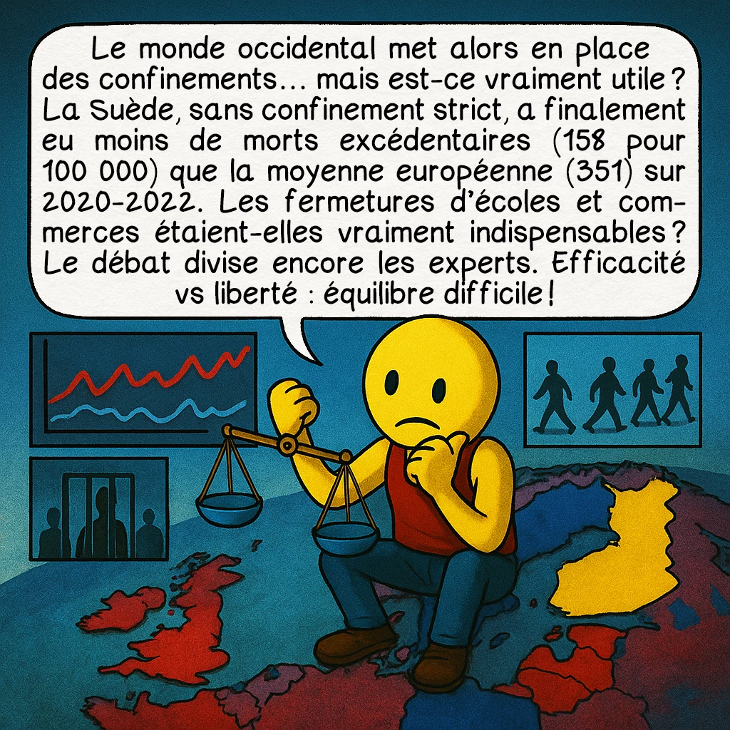 Le Covid-19, case 6 : — Le confinement, utile ?
Le monde occidental met alors en place des confinements… mais est-ce vraiment utile ? La Suède, sans confinement strict, a finalement eu moins de morts excédentaires (158) que la moyenne européenne (351) sur 2020-2022. Les fermetures d’écoles et commerces étaient-elles vraiment indispensables ? Le débat divise encore les experts. Efficacité vs liberté : équilibre difficile !