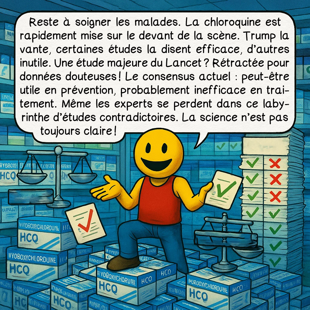 Le Covid-19, case 7 : — Les traitements (chloroquine)
Reste à soigner les malades. La chloroquine est rapidement mise sur le devant de la scène. Trump la vante, certaines études la disent efficace, d’autres inutile. Une étude majeure du Lancet ? Rétractée pour données douteuses ! Le consensus actuel : peut-être utile en prévention, probablement inefficace en traitement. Même les experts se perdent dans ce labyrinthe d’études contradictoires. La science n’est pas toujours claire !