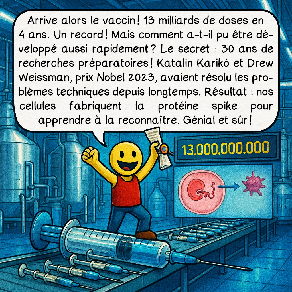 Le Covid-19, case 8 : — Les vaccins, comment et pourquoi si vite ?
Arrive alors le vaccin ! 13 milliards de doses en 4 ans. Un record ! Mais comment a-t-il pu être développé aussi rapidement ? Le secret : 30 ans de recherches préparatoires ! Katalin Karikó et Drew Weissman, prix Nobel 2023, avaient résolu les problèmes techniques depuis longtemps. Résultat : nos cellules fabriquent la protéine spike pour apprendre à la reconnaître. Génial et sûr !