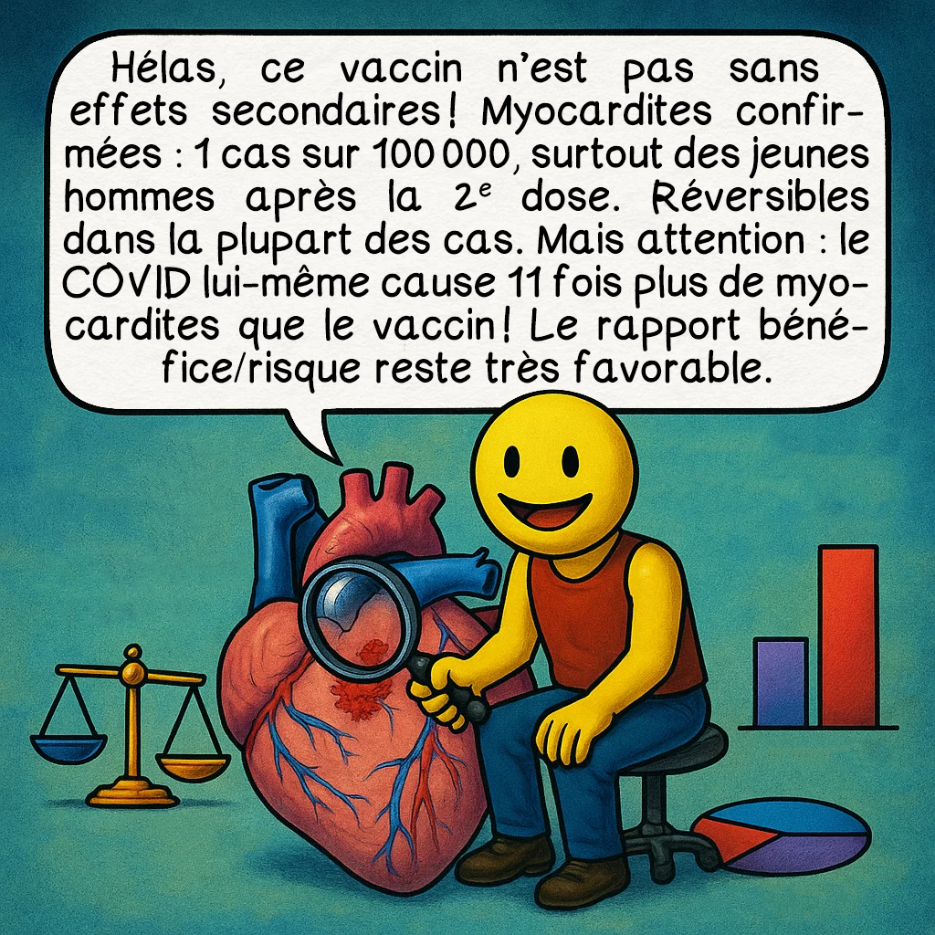 Le Covid-19, case 9 : — Les effets secondaires
Hélas, ce vaccin n’est pas sans effets secondaires ! Myocardites confirmées : 1 cas sur 100 000, surtout des jeunes hommes après la 2e dose. Réversibles dans la plupart des cas. Mais attention : le COVID lui-même cause 11 fois plus de myocardites que le vaccin ! Le rapport bénéfice/risque reste très favorable.