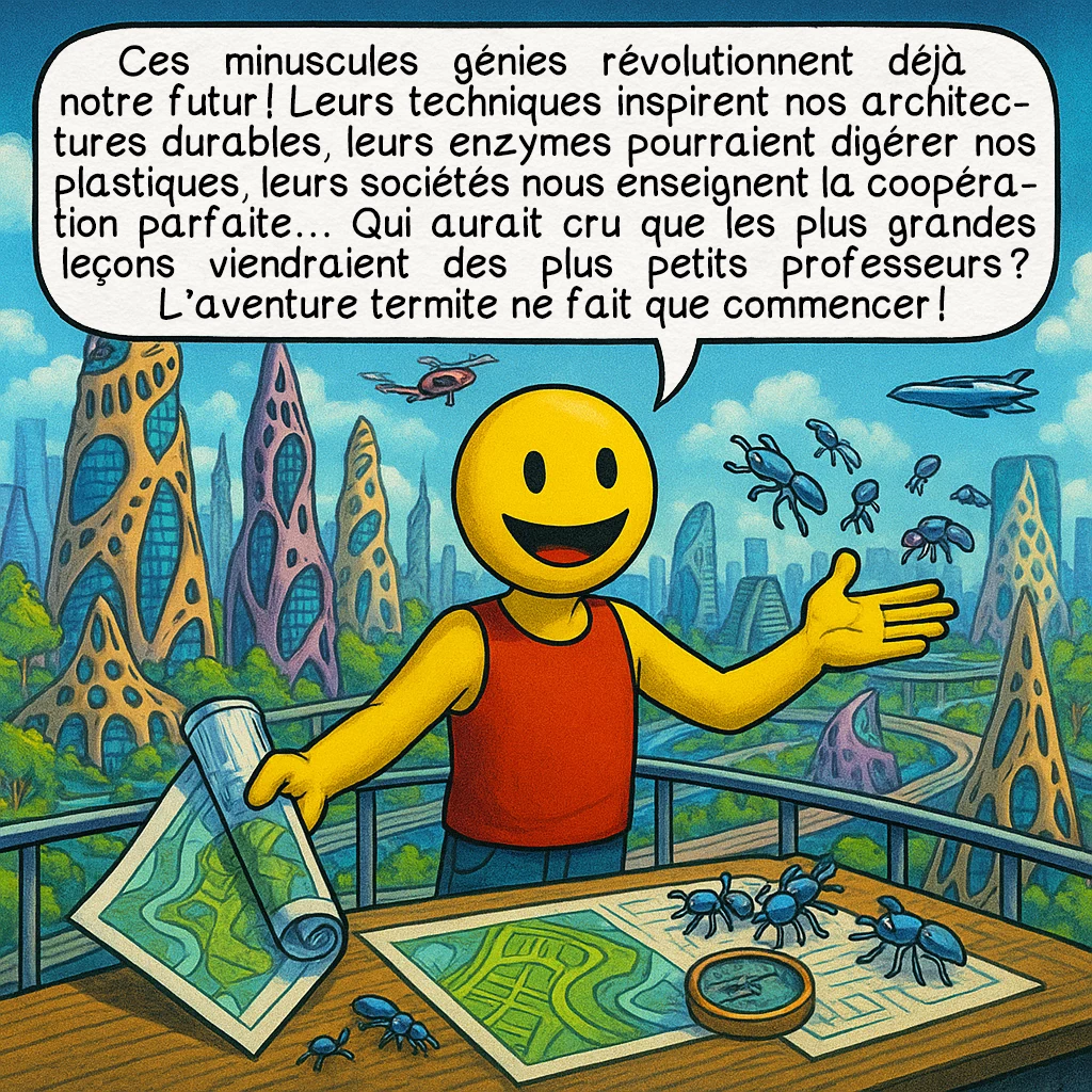 Le termite, case 10 : Ces minuscules génies révolutionnent déjà notre futur ! Leurs techniques inspirent nos architectures durables, leurs enzymes pourraient digérer nos plastiques, leurs sociétés nous enseignent la coopération parfaite… Qui aurait cru que les plus grandes leçons viendraient des plus petits professeurs ? L’aventure termite ne fait que commencer !