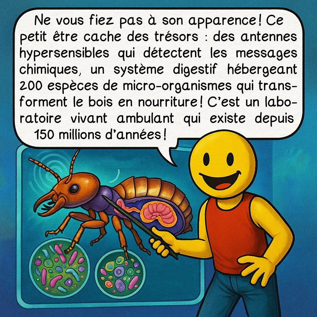 Le termite, case 2 : Ne vous fiez pas à son apparence ! Ce petit être cache des trésors : des antennes hypersensibles qui détectent les messages chimiques, un système digestif hébergeant 200 espèces de micro-organismes qui transforment le bois en nourriture ! C’est un laboratoire vivant ambulant qui existe depuis 150 millions d’années !