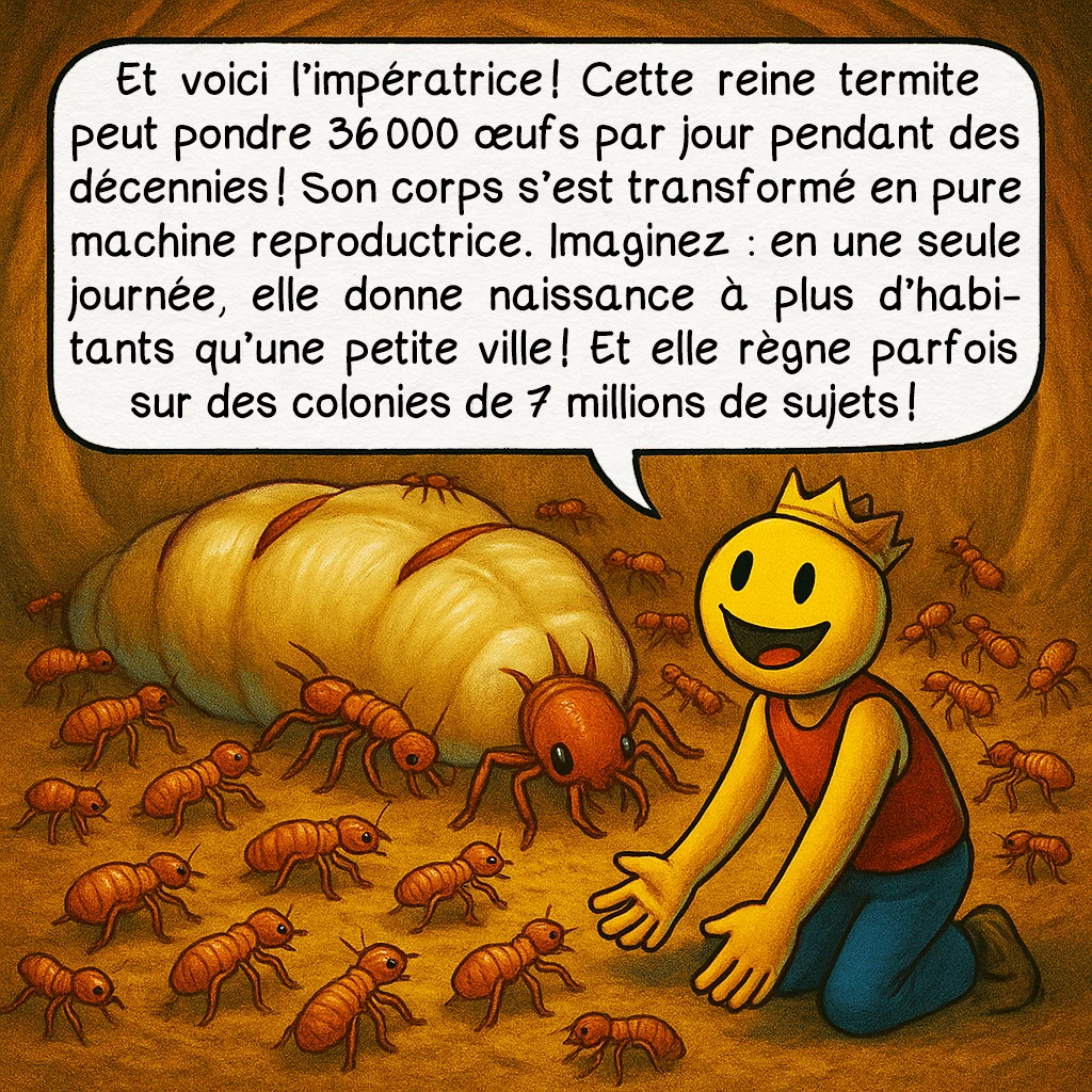 Le termite, case 3 : Et voici l’impératrice ! Cette reine termite peut pondre 36 000 œufs par jour pendant des décennies ! Son corps s’est transformé en pure machine reproductrice. Imaginez : en une seule journée, elle donne naissance à plus d’habitants qu’une petite ville ! Et elle règne parfois sur des colonies de 7 millions de sujets !