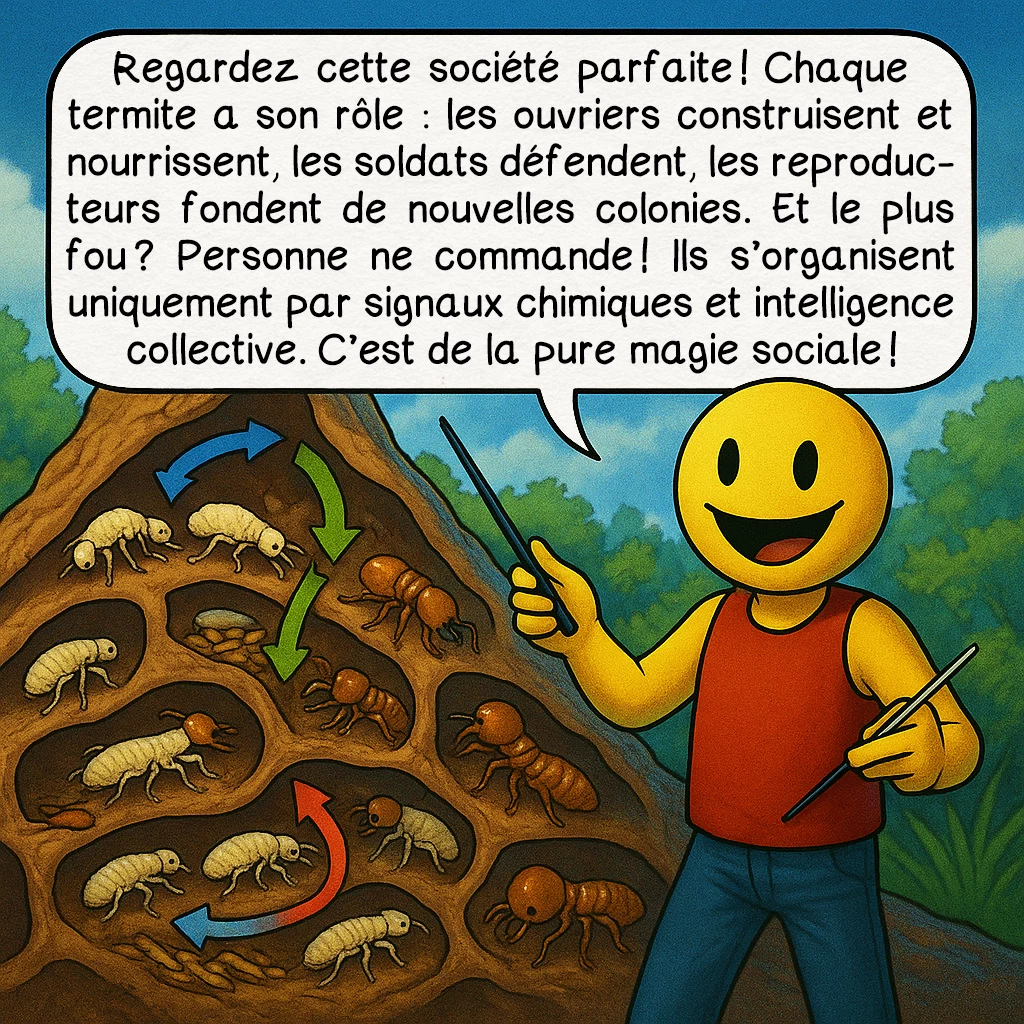 Le termite, case 4 : Regardez cette société parfaite ! Chaque termite a son rôle : les ouvriers construisent et nourrissent, les soldats défendent, les reproducteurs fondent de nouvelles colonies. Et le plus fou ? Personne ne commande ! Ils s’organisent uniquement par signaux chimiques et intelligence collective. C’est de la pure magie sociale !