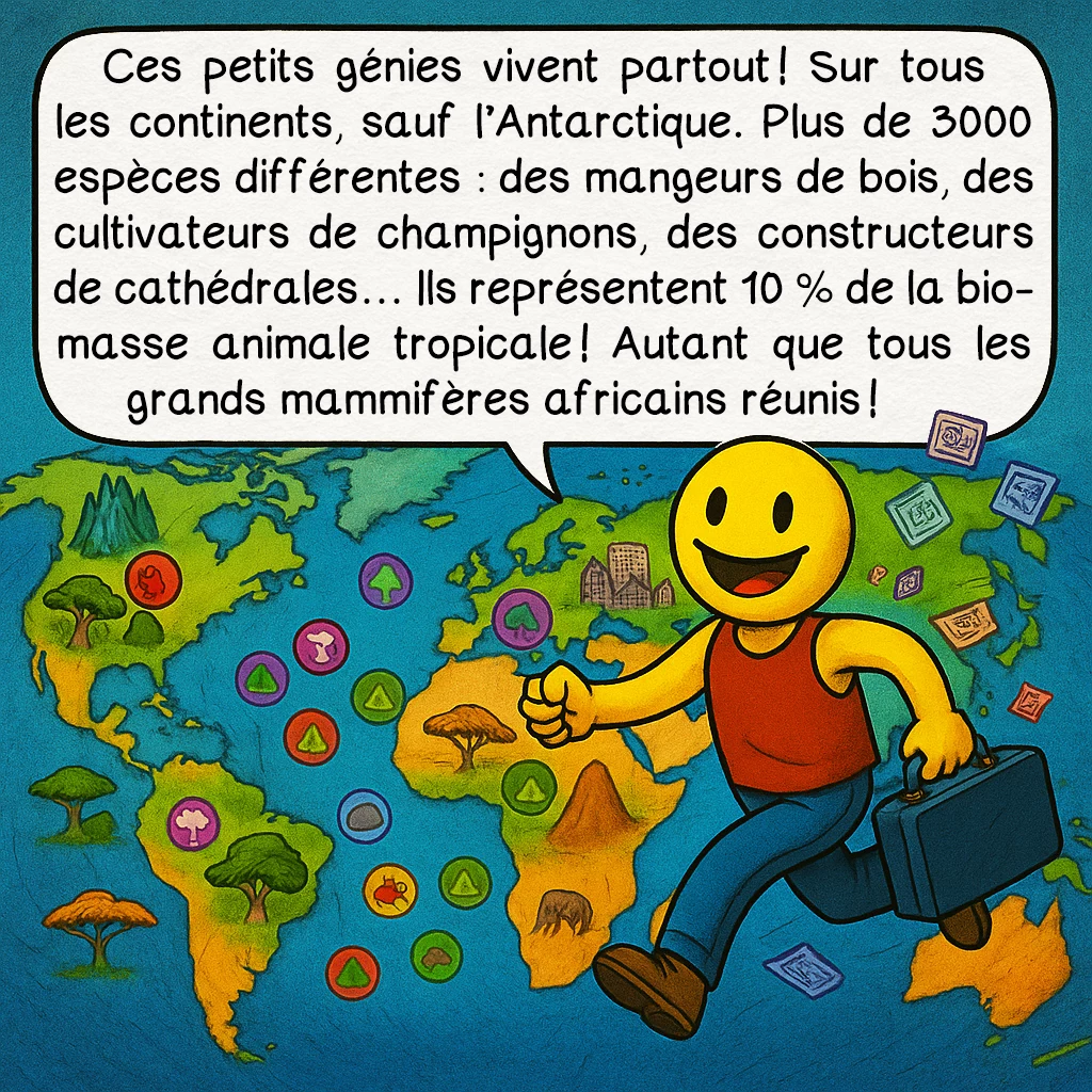 Le termite, case 5 : Ces petits génies vivent partout ! Sur tous les continents, sauf l’Antarctique. Plus de 3000 espèces différentes : des mangeurs de bois, des cultivateurs de champignons, des constructeurs de cathédrales… Ils représentent 10 % de la biomasse animale tropicale ! Autant que tous les grands mammifères africains réunis !