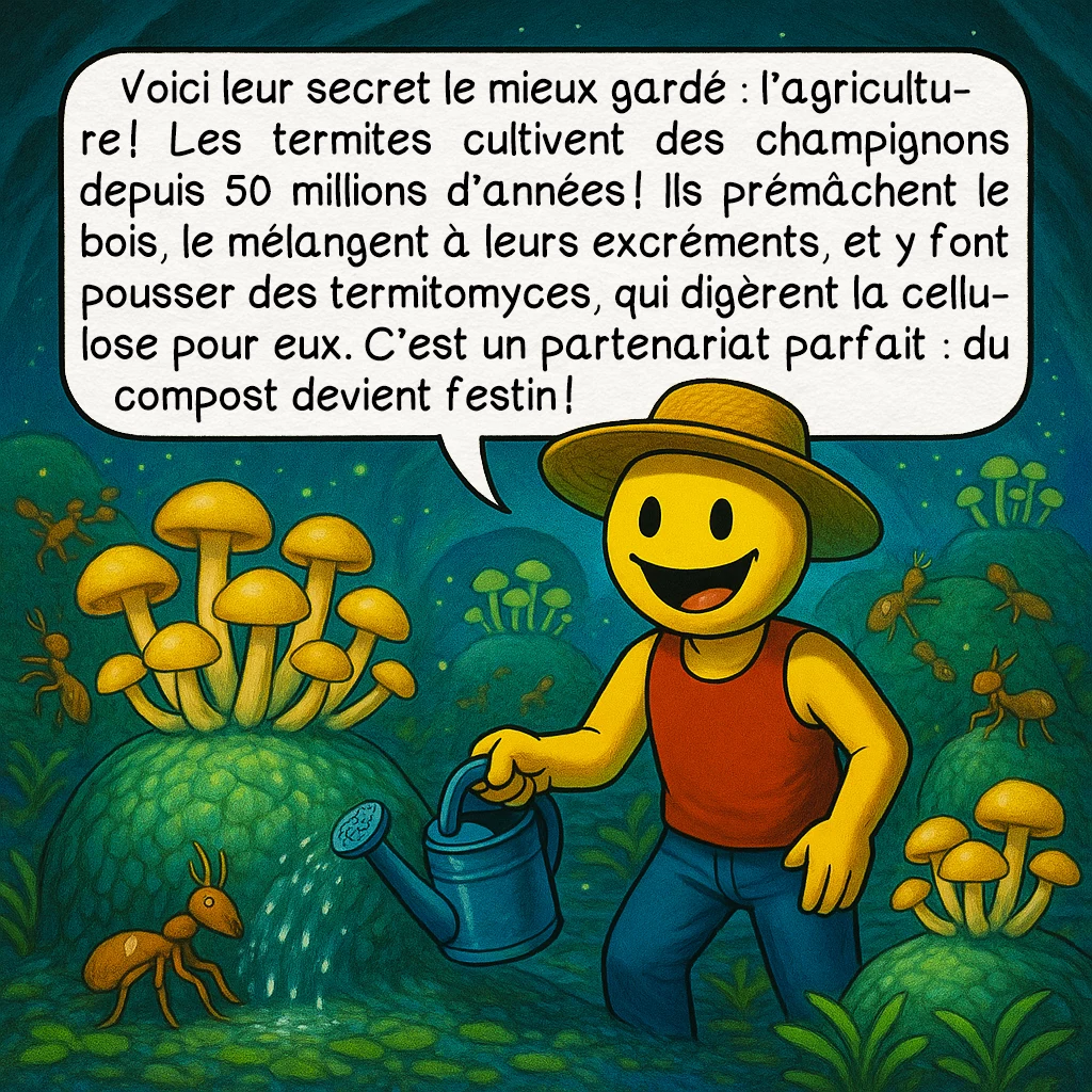 Le termite, case 6 : Voici leur secret le mieux gardé : l’agriculture ! Les termites cultivent des champignons depuis 50 millions d’années ! Ils prémâchent le bois, le mélangent à leurs excréments, et y font pousser des termitomyces, qui digèrent la cellulose pour eux. C’est un partenariat parfait : du compost devient festin !