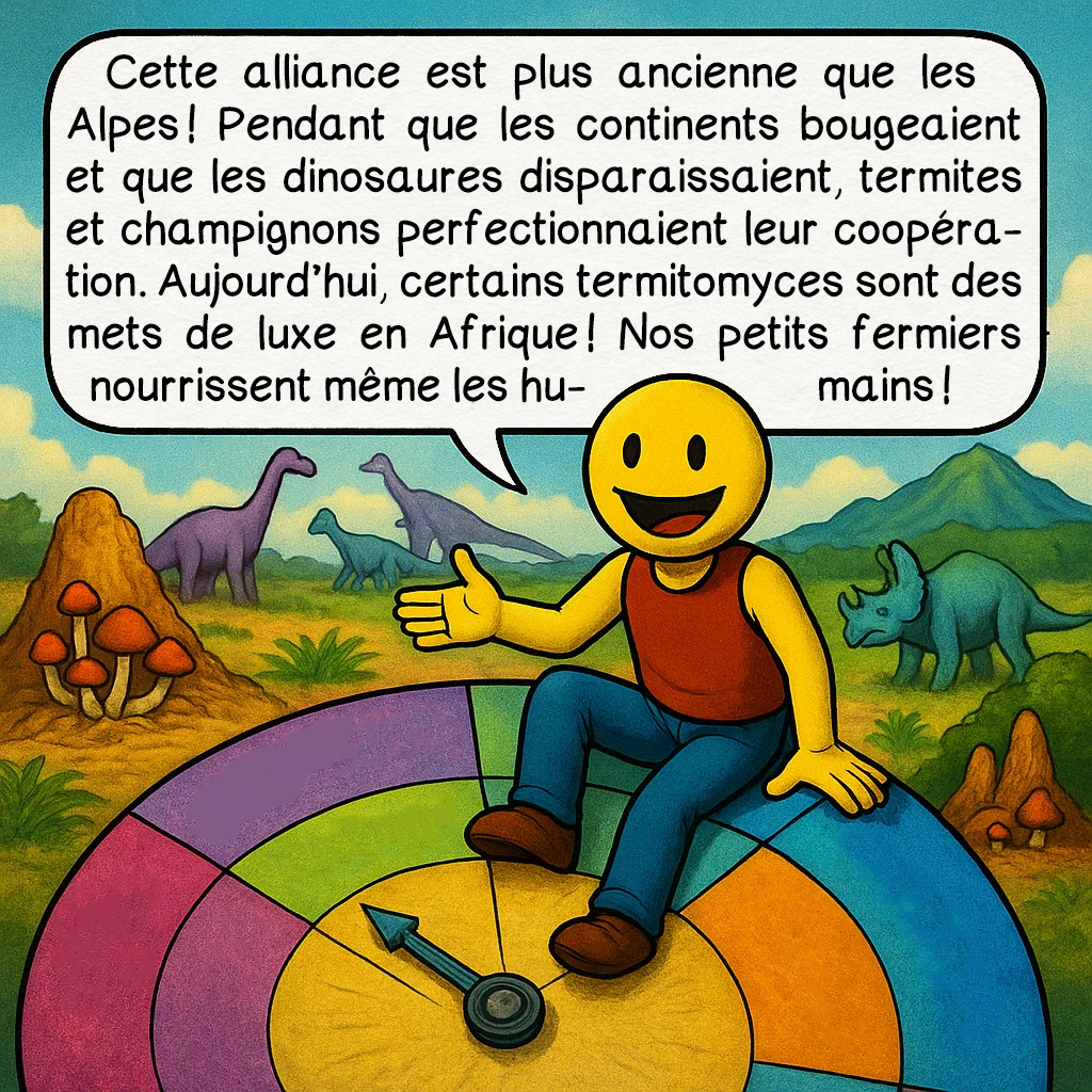 Le termite, case 7 : Cette alliance est plus ancienne que les Alpes ! Pendant que les continents bougeaient et que les dinosaures disparaissaient, termites et champignons perfectionnaient leur coopération. Aujourd’hui, certains termitomyces sont des mets de luxe en Afrique ! Nos petits fermiers nourrissent même les humains !
