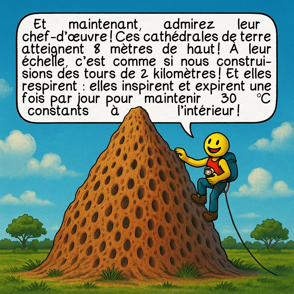 Le termite, case 8 : Et maintenant, admirez leur chef-d’œuvre ! Ces cathédrales de terre atteignent 8 mètres de haut ! À leur échelle, c’est comme si nous construisions des tours de 2 kilomètres ! Et elles respirent : elles inspirent et expirent une fois par jour pour maintenir 30 °C constants à l’intérieur !