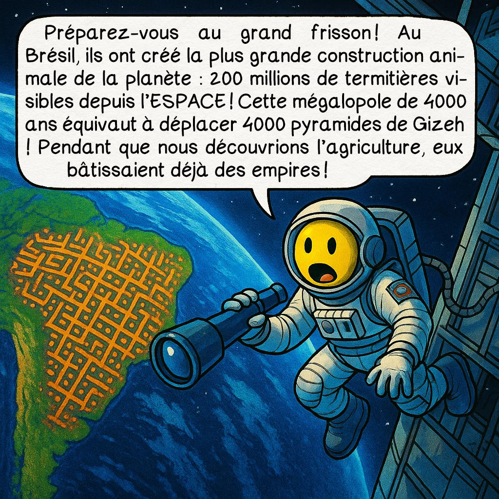 Le termite, case 9 : Préparez-vous au grand frisson ! Au Brésil, ils ont créé la plus grande construction animale de la planète : 200 millions de termitières visibles depuis l’ESPACE ! Cette mégalopole de 4000 ans équivaut à déplacer 4000 pyramides de Gizeh ! Pendant que nous découvrions l’agriculture, eux bâtissaient déjà des empires !