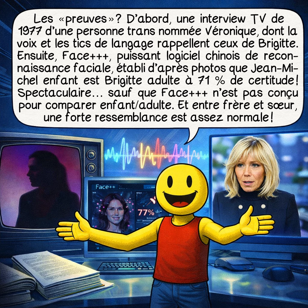L’affaire Jean-Michel Trogneux, case 3 : Les « preuves » ? D’abord, une interview TV de 1977 d’une personne trans nommée Véronique, dont la voix et les tics de langage rappellent ceux de Brigitte. Ensuite, Face+++, puissant logiciel chinois de reconnaissance faciale, établi d’après photos que Jean-Michel enfant est Brigitte adulte à 71 % de certitude ! Spectaculaire… sauf que Face+++ n’est pas conçu pour comparer enfant/adulte. Et entre frère et sœur, une forte ressemblance est assez normale !