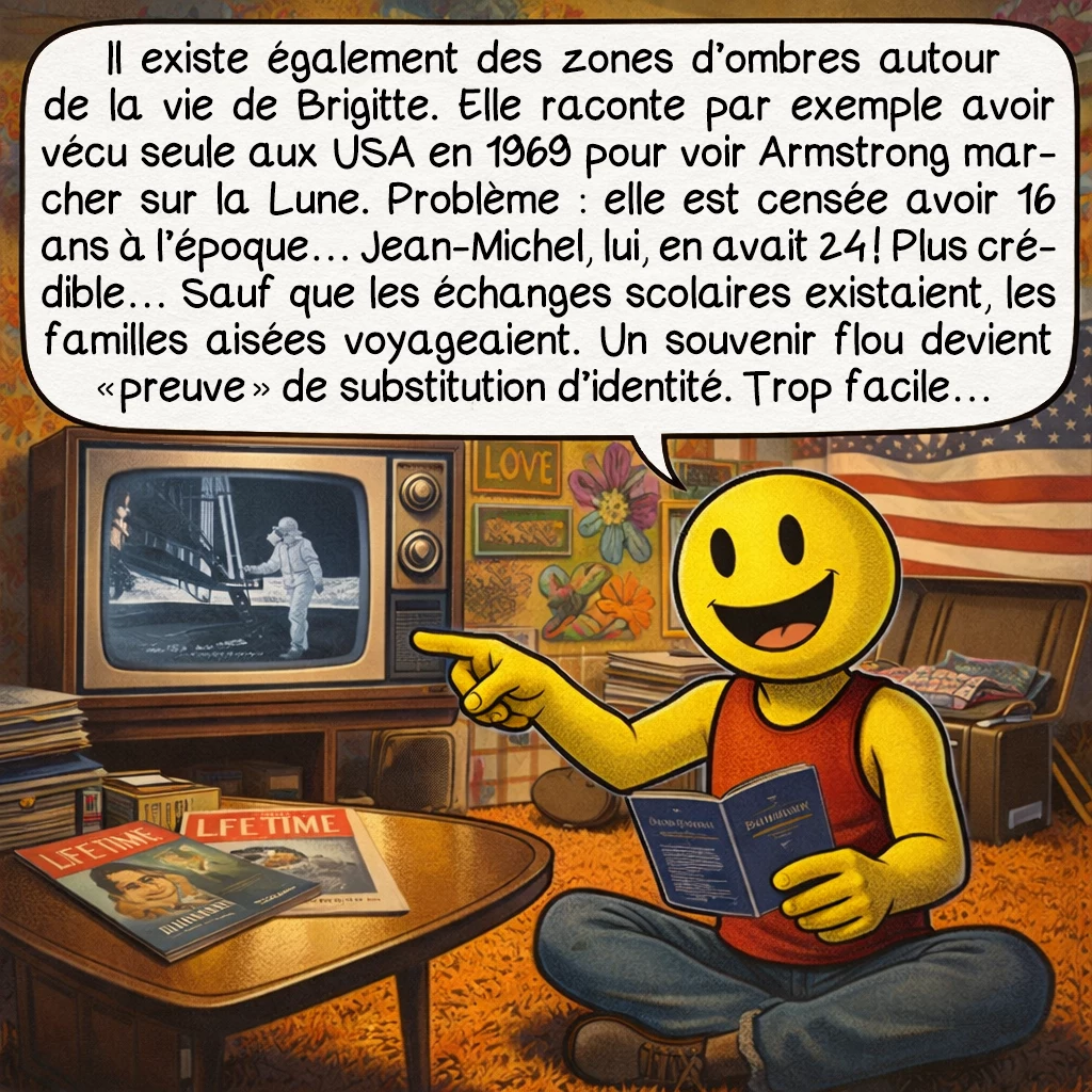 L’affaire Jean-Michel Trogneux, case 4 : Il existe également des zones d’ombres autour de la vie de Brigitte. Elle raconte par exemple avoir vécu seule aux USA en 1969 pour voir Armstrong marcher sur la Lune. Problème : elle est censée avoir 16 ans à l’époque… Jean-Michel, lui, en avait 24 ! Plus crédible… Sauf que les échanges scolaires existaient, les familles aisées voyageaient. Un souvenir flou devient « preuve » de substitution d’identité. Trop facile…