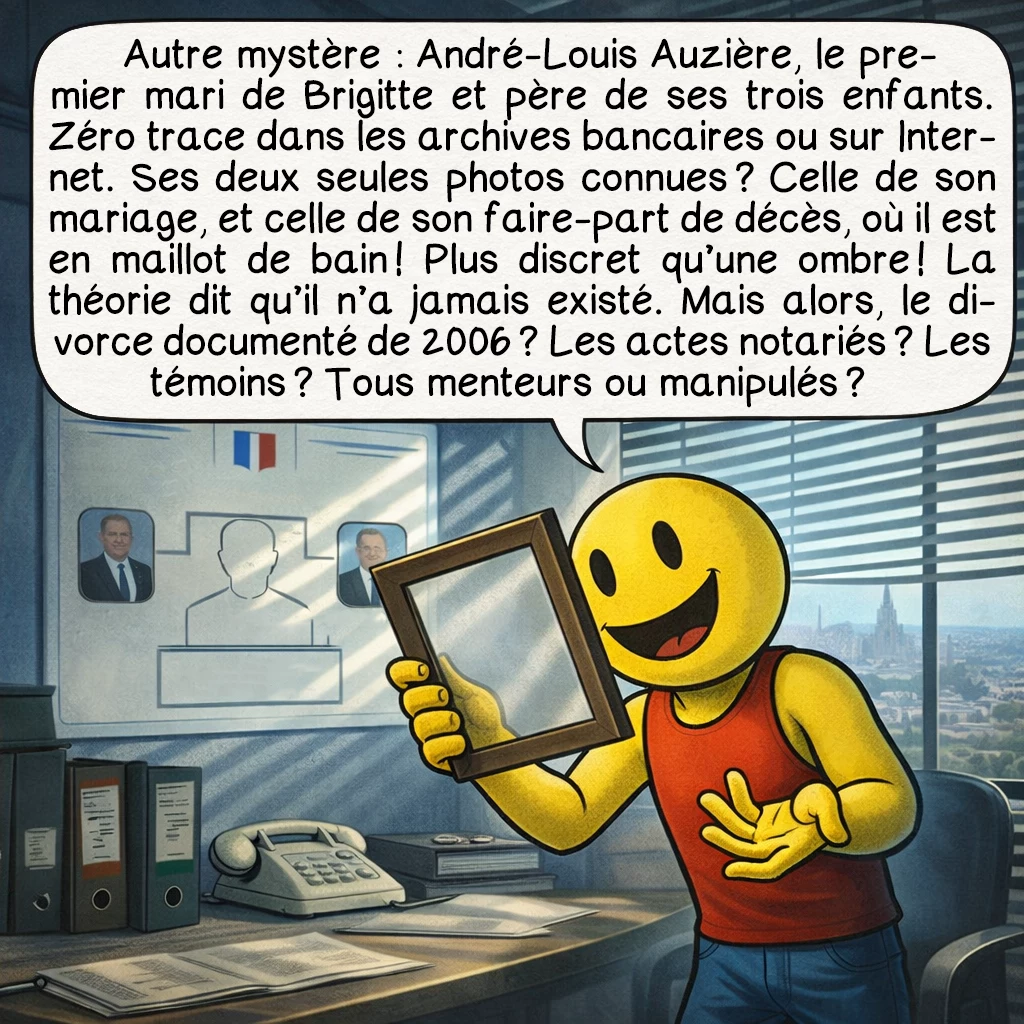 L’affaire Jean-Michel Trogneux, case 5 : Autre mystère : André-Louis Auzière, le premier mari de Brigitte et père de ses trois enfants. Zéro trace dans les archives bancaires ou sur Internet. Ses deux seules photos connues ? Celle de son mariage, et celle de son faire-part de décès, où il est en maillot de bain ! Plus discret qu’une ombre ! La théorie dit qu’il n’a jamais existé. Mais alors, le divorce documenté de 2006 ? Les actes notariés ? Les témoins ? Tous menteurs ou manipulés ?