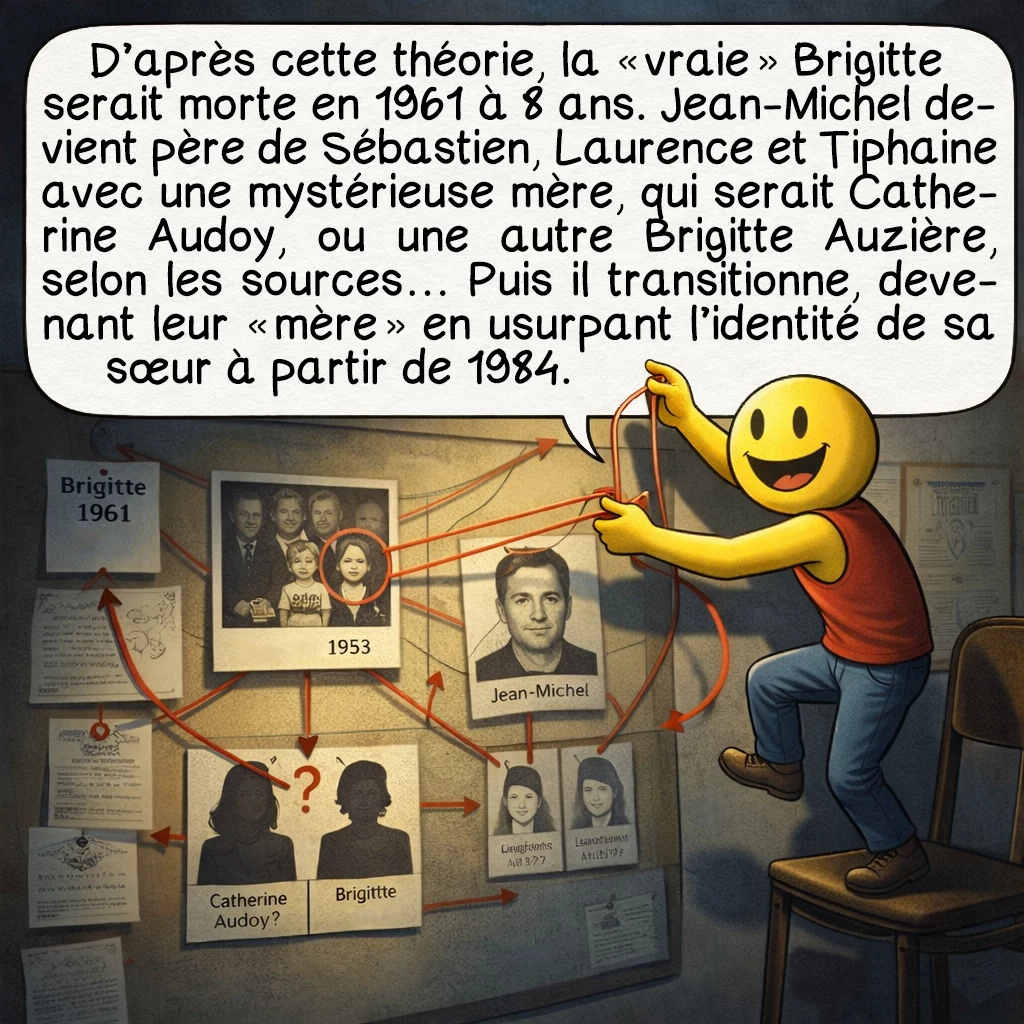 L’affaire Jean-Michel Trogneux, case 6 : D’après cette théorie, la « vraie » Brigitte serait morte en 1961 à 8 ans. Jean-Michel devient père de Sébastien, Laurence et Tiphaine avec une mystérieuse mère, qui serait Catherine Audoy, ou une autre Brigitte Auzière, selon les sources… Puis il se transforme en leur « mère » en usurpant l’identité de sa sœur à partir de 1984.