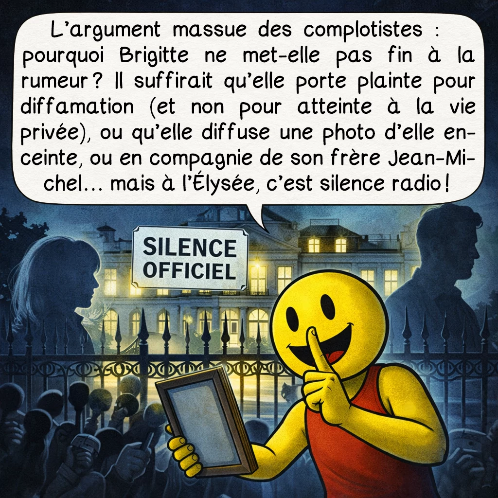L’affaire Jean-Michel Trogneux, case 7 : L’argument massue des complotistes : pourquoi Brigitte ne met-elle pas fin à la rumeur ? Il suffirait qu’elle porte plainte pour diffamation (et non pour atteinte à la vie privée), ou qu’elle diffuse une photo d’elle enceinte, ou en compagnie de son frère Jean-Michel… mais à l’Élysée, c’est silence radio !