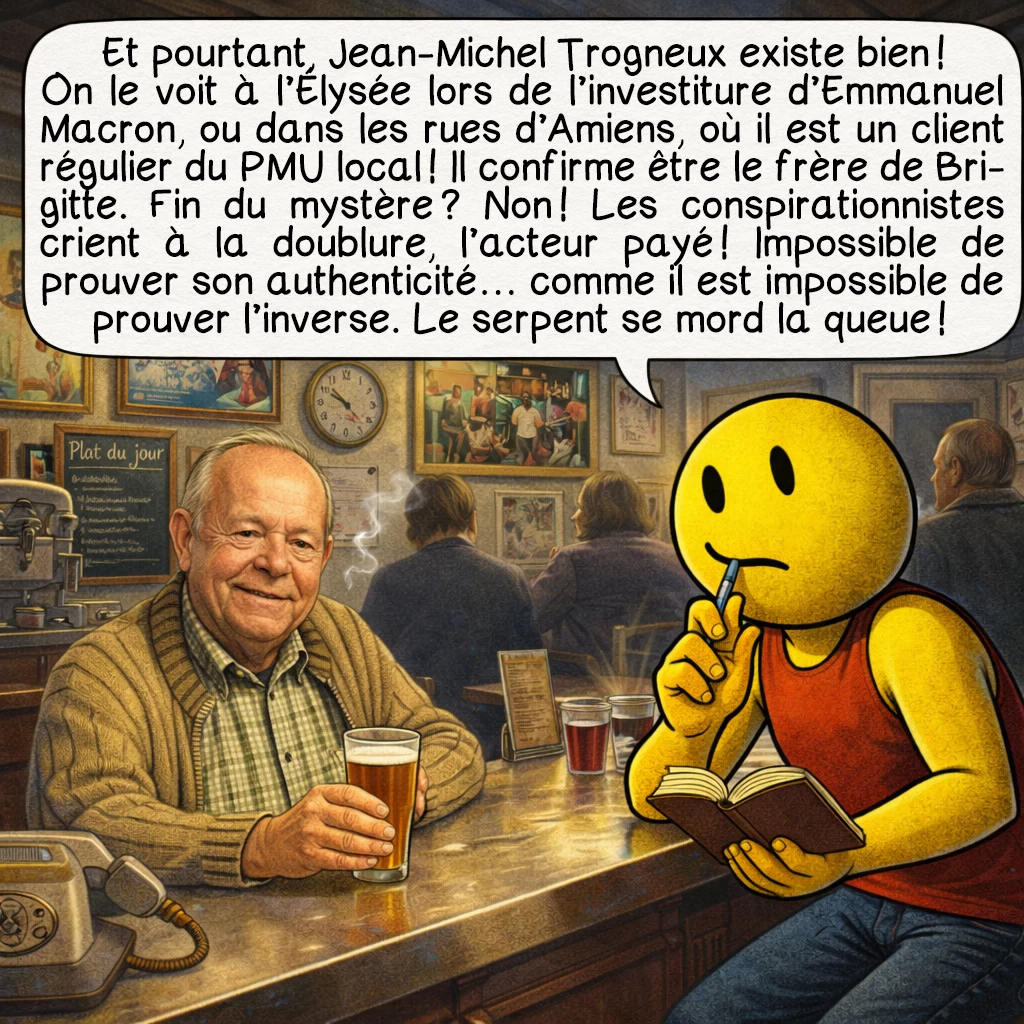 L’affaire Jean-Michel Trogneux, case 8 : Et pourtant, Jean-Michel Trogneux existe bien ! On le voit à l’Élysée lors de l’investiture d’Emmanuel Macron, ou dans les rues d’Amiens, où il est un client régulier du PMU local ! Il confirme être le frère de Brigitte. Fin du mystère ? Non ! Les conspirationnistes crient à la doublure, l’acteur payé ! Impossible de prouver son authenticité… comme il est impossible de prouver l’inverse. Le serpent se mord la queue !