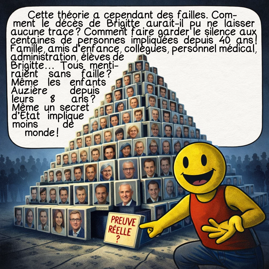 L’affaire Jean-Michel Trogneux, case 9 : Cette théorie a cependant des failles. Comment le décès de Brigitte aurait-il pu ne laisser aucune trace ? Comment faire garder le silence aux centaines de personnes impliquées depuis 40 ans ! Famille, amis d’enfance, collègues, personnel médical, administration, élèves de Brigitte… Tous mentiraient sans faille ? Même les enfants Auzière depuis leurs 8 ans ? Même un secret d’État implique moins de monde !