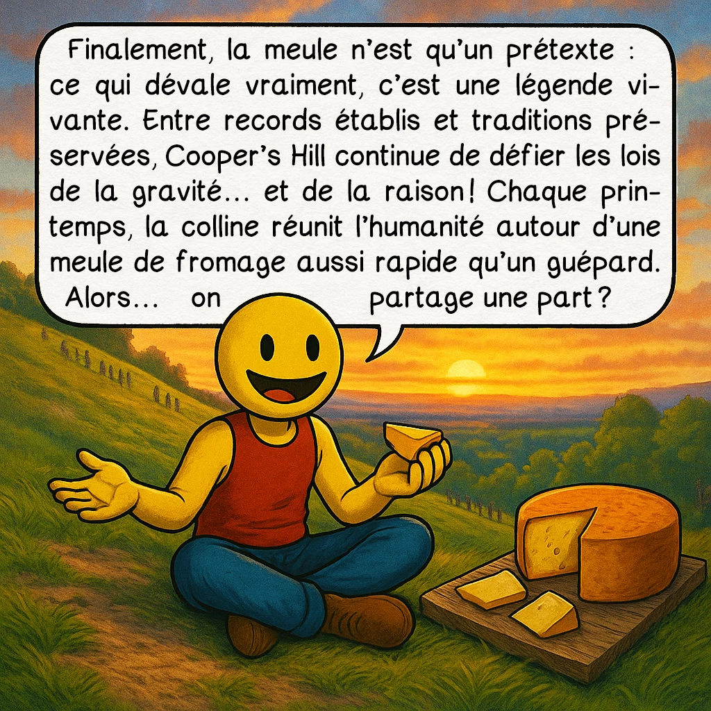 La Cooper's hill cheese-rolling and wake, case 10 : Finalement, la meule n'est qu'un prétexte : ce qui dévale vraiment, c'est une légende vivante. Entre mystères non résolus, records établis et traditions préservées, Cooper's Hill continue de défier les lois de la gravité... et de la raison ! Chaque printemps, la colline réunit l'humanité autour d'une vérité simple : parfois, les plus beaux mystères méritent d'être vécus plutôt que résolus. Alors... on partage une part ?